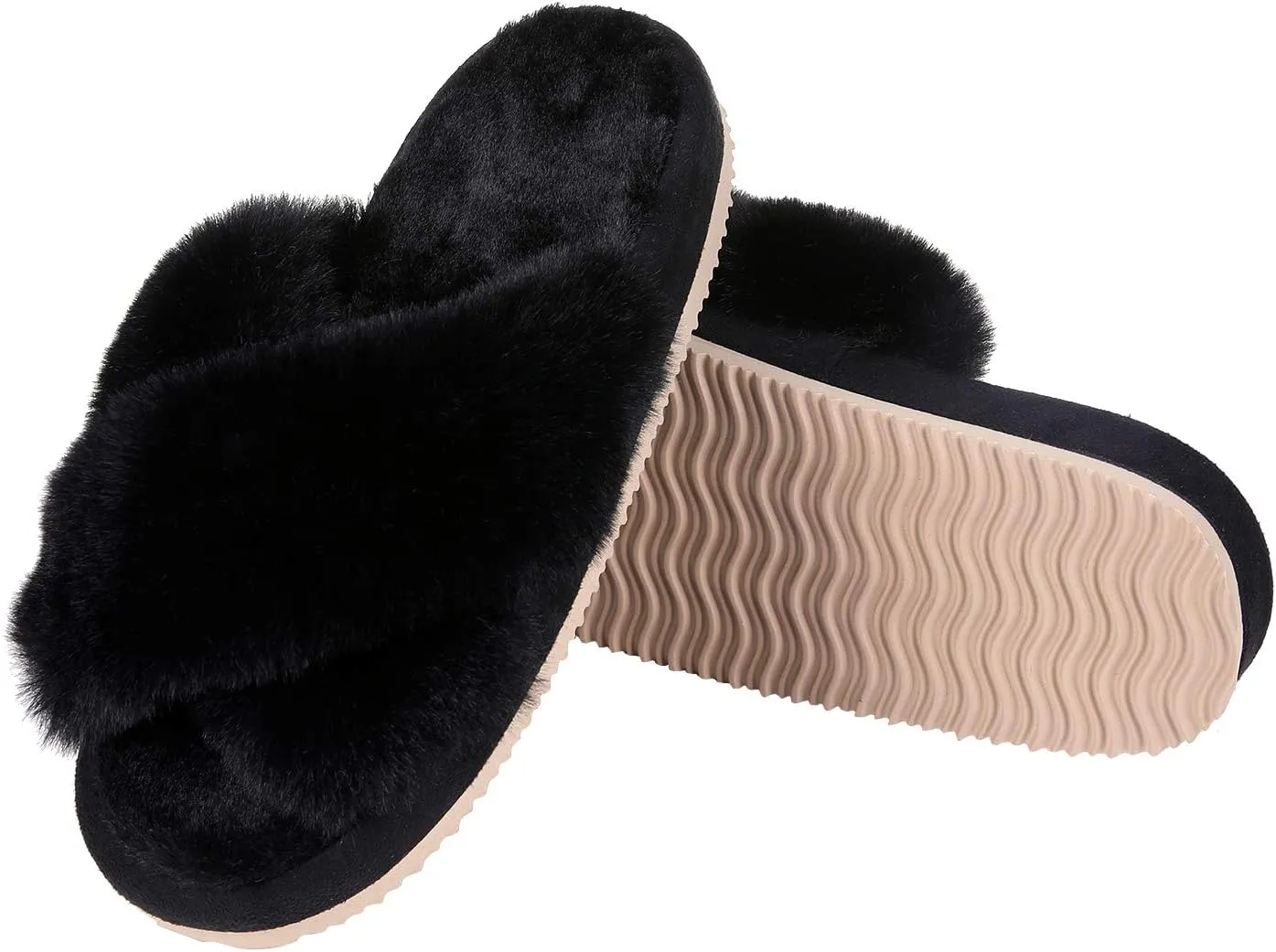 Comwarm Women's Cross Band Fuzzy Slippers Fluffy Open Toe House Slippers Cozy Plush Bedroom Shoes Indoor Outdoor