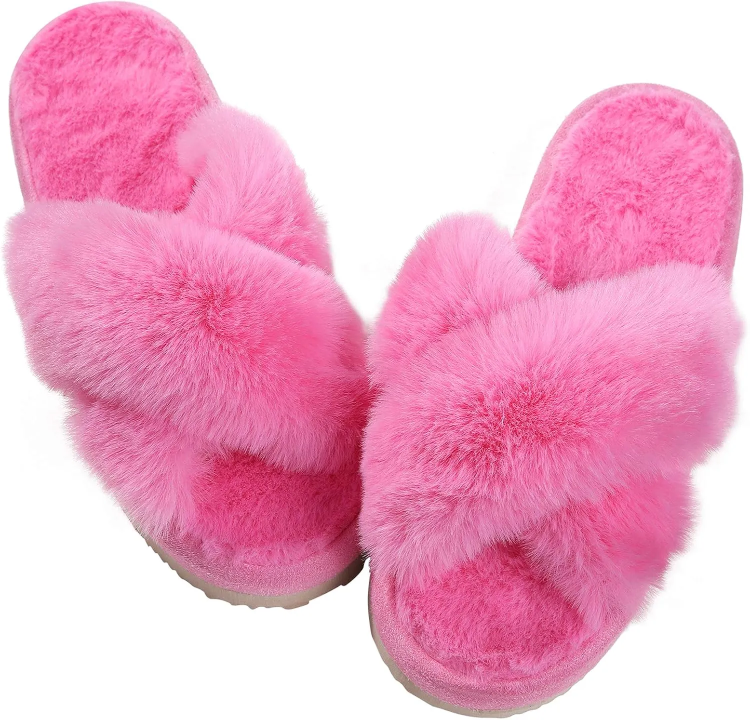 Comwarm Women's Cross Band Fuzzy Slippers Fluffy Open Toe House Slippers Cozy Plush Bedroom Shoes Indoor Outdoor