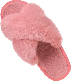 Comwarm Women's Cross Band Fuzzy Slippers Fluffy Open Toe House Slippers Cozy Plush Bedroom Shoes Indoor Outdoor