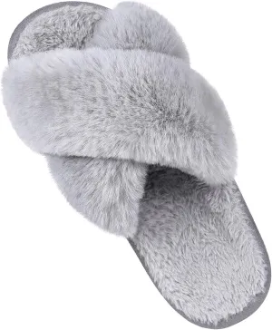 Comwarm Women's Cross Band Fuzzy Slippers Fluffy Open Toe House Slippers Cozy Plush Bedroom Shoes Indoor Outdoor