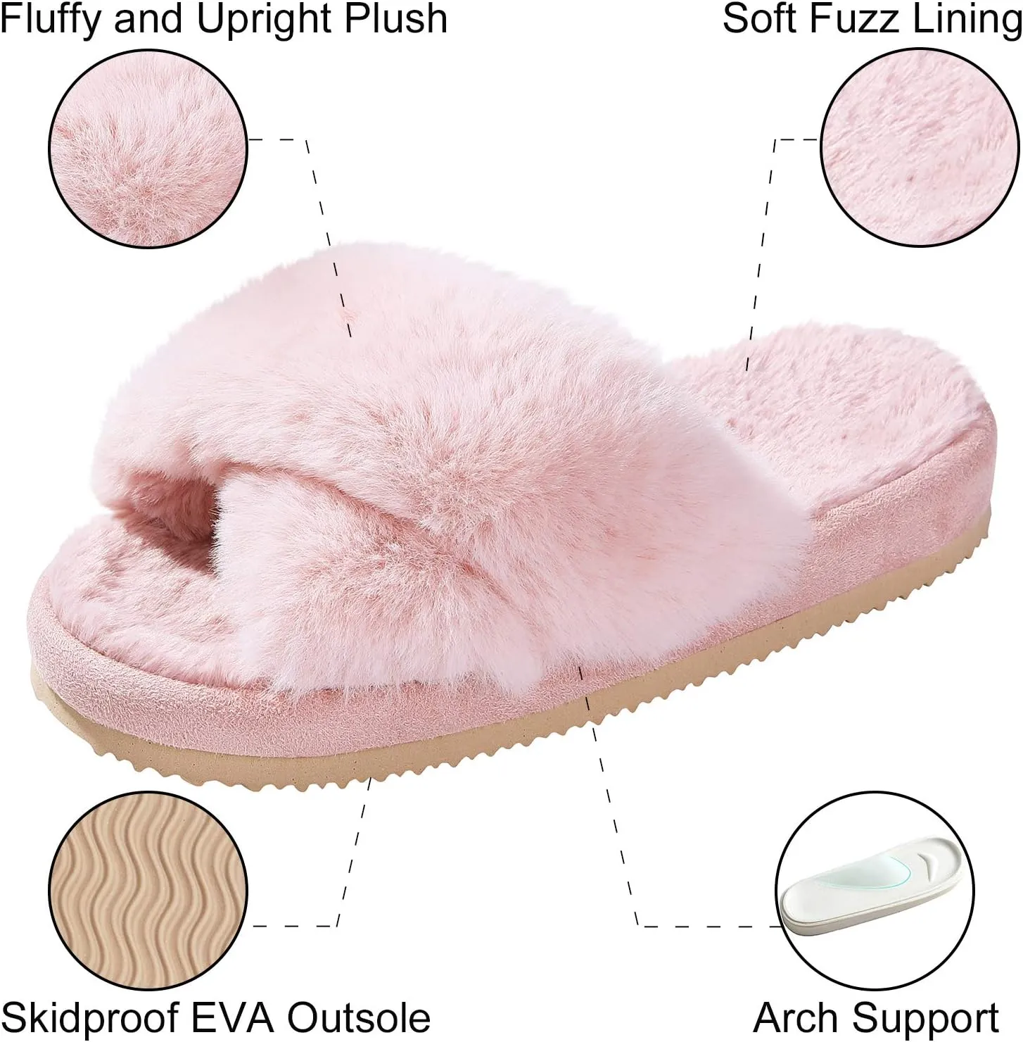 Comwarm Women's Cross Band Fuzzy Slippers Fluffy Open Toe House Slippers Cozy Plush Bedroom Shoes Indoor Outdoor