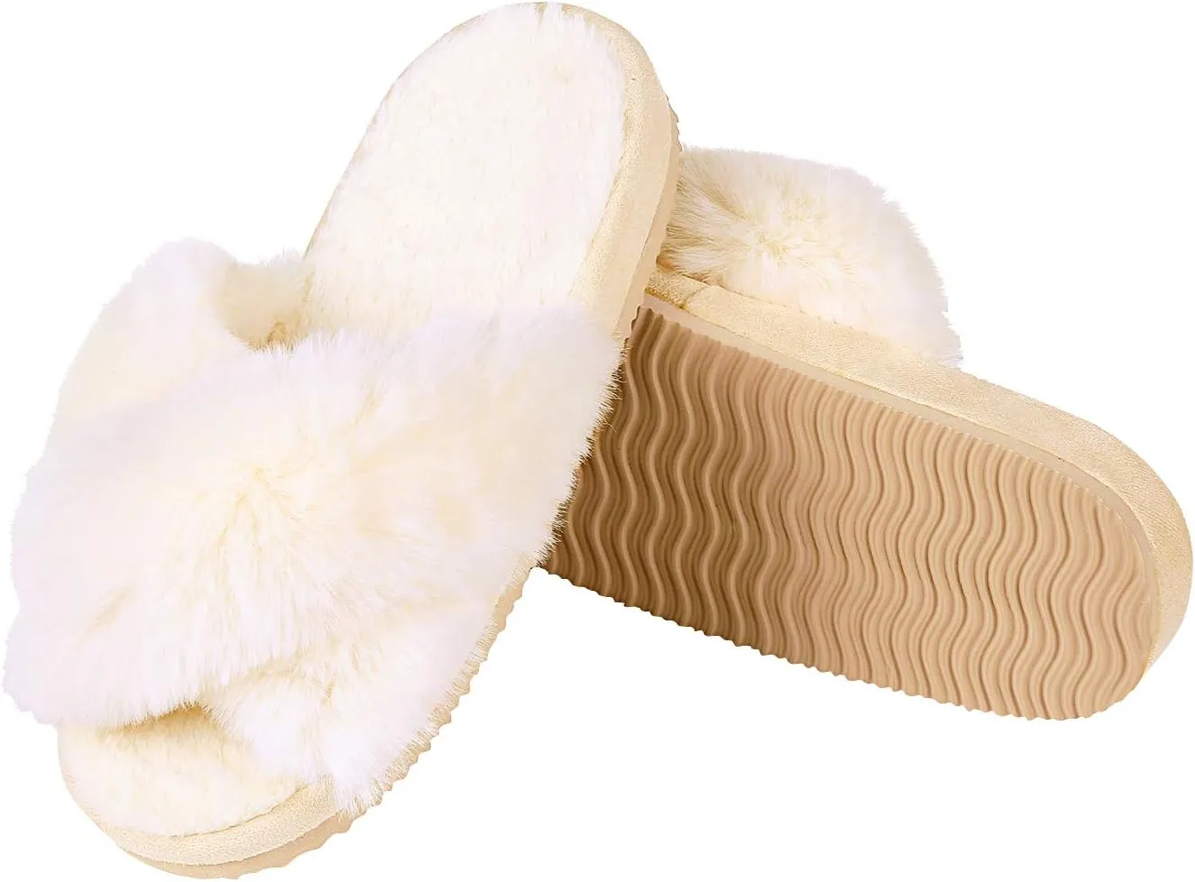 Comwarm Women's Cross Band Fuzzy Slippers Fluffy Open Toe House Slippers Cozy Plush Bedroom Shoes Indoor Outdoor