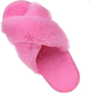 Comwarm Women's Cross Band Fuzzy Slippers Fluffy Open Toe House Slippers Cozy Plush Bedroom Shoes Indoor Outdoor