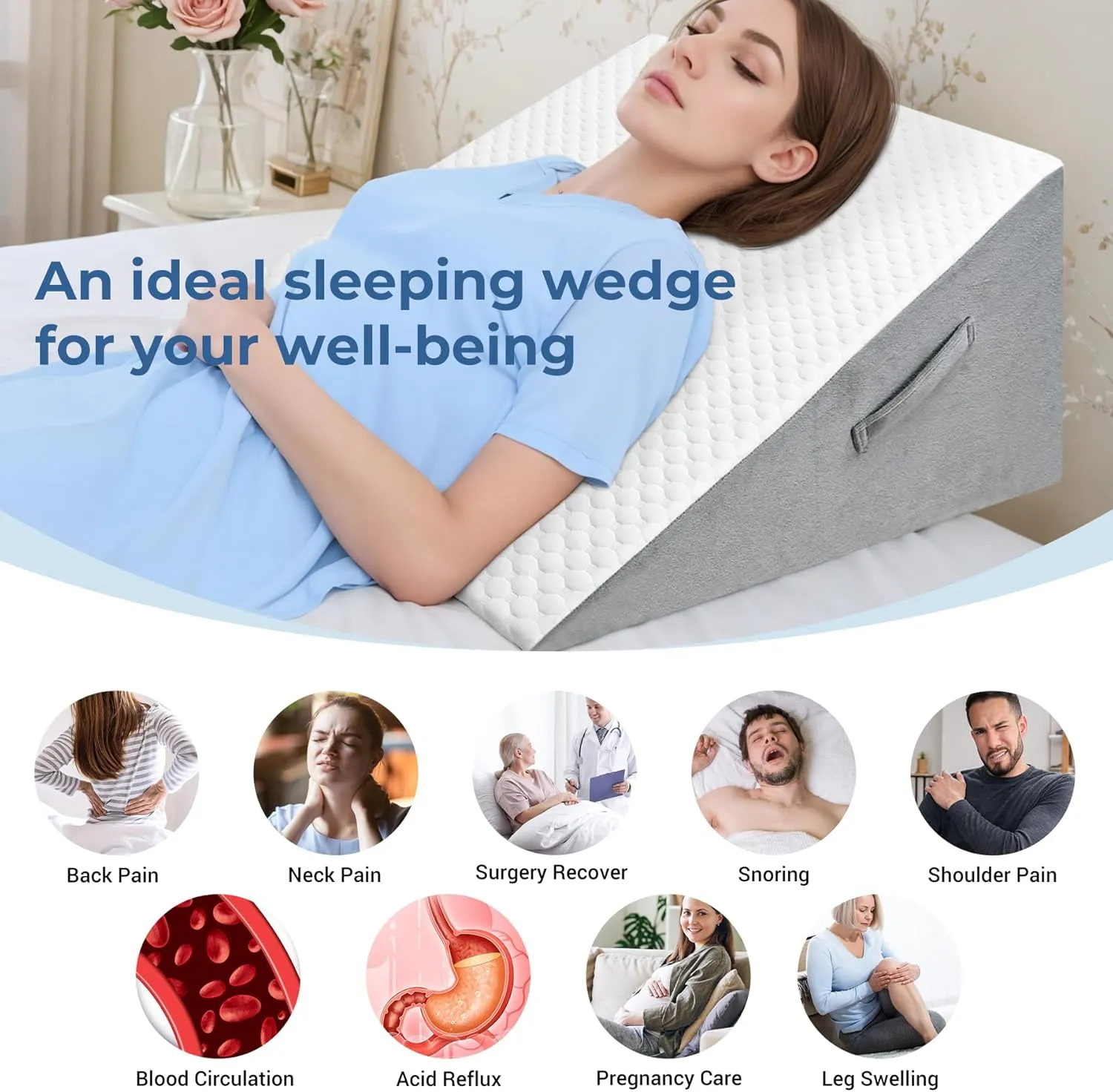 COOLBEBE Bed Wedge Pillow for Sleeping,12Inch Elevated Wedge Pillow for Sleep Apnea, 12" Foam Wedge Triangle Pad for Acid Reflux, Gerd and Snoring - Breathable Air Layer Washable Cover
