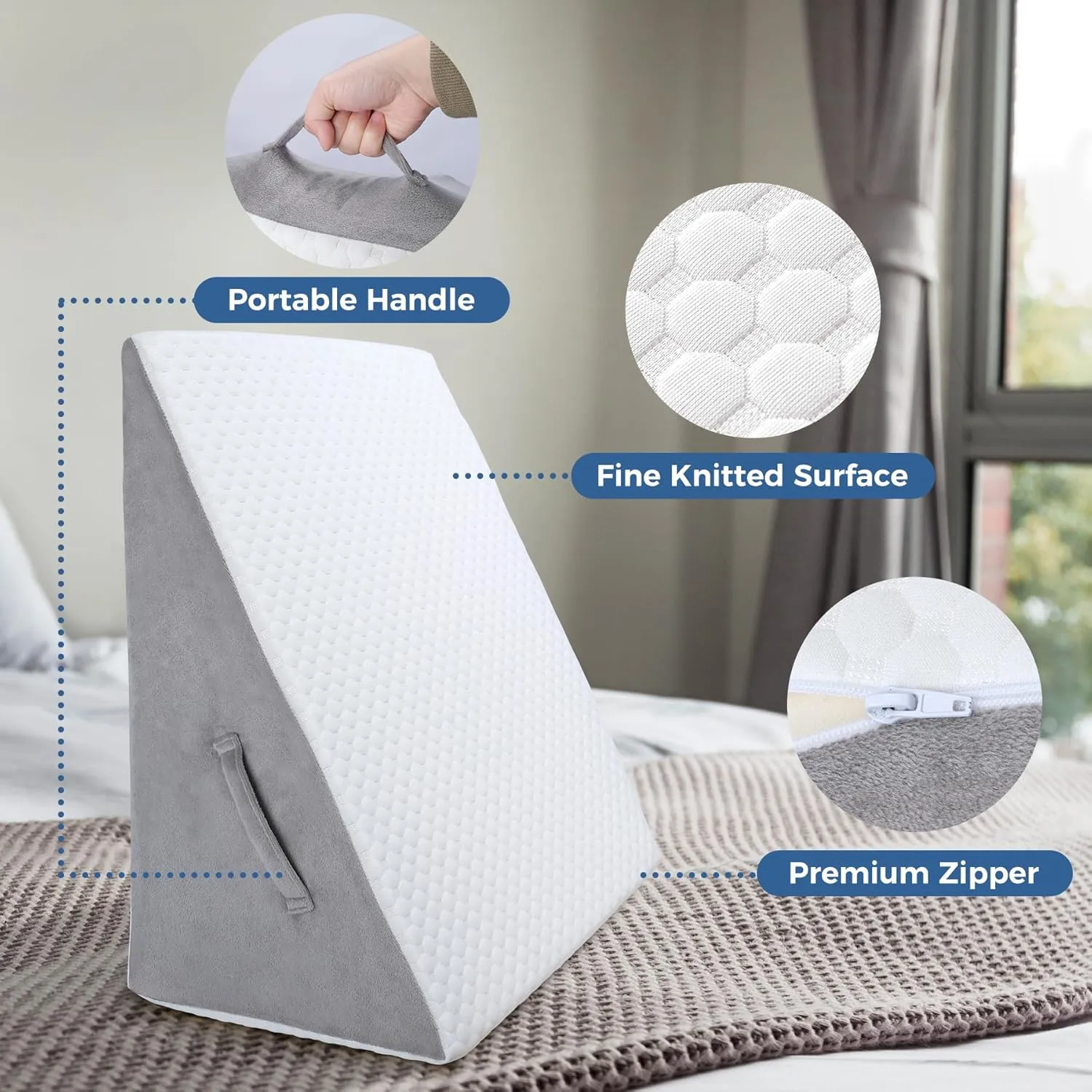 COOLBEBE Bed Wedge Pillow for Sleeping,12Inch Elevated Wedge Pillow for Sleep Apnea, 12" Foam Wedge Triangle Pad for Acid Reflux, Gerd and Snoring - Breathable Air Layer Washable Cover