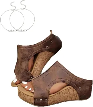 Cork Wedges & Platform Slides, Women's Thick Sole Comfy Leather Wedge Non-slip Summer Cork Orthotic Sandals