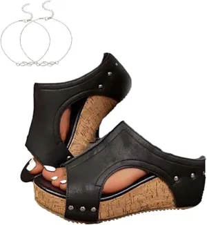 Cork Wedges & Platform Slides, Women's Thick Sole Comfy Leather Wedge Non-slip Summer Cork Orthotic Sandals