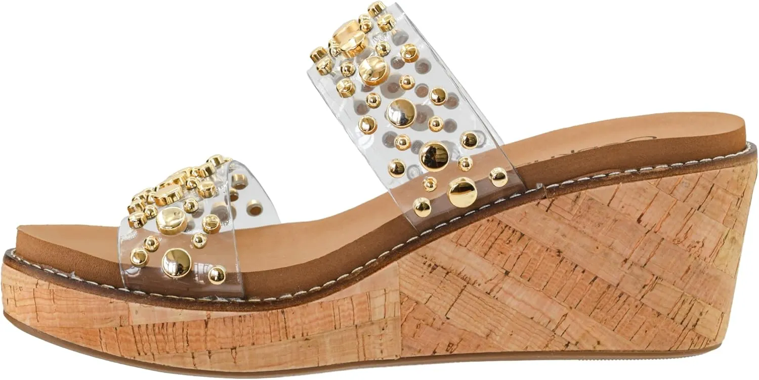 Corkys Footwear Womens Bad Habit Wedge Sandals - Featuring a 2.5-Inch Heel, Double Strap with Metal Studs, and A Plush EVA Insole For All Day Comfort and Wear