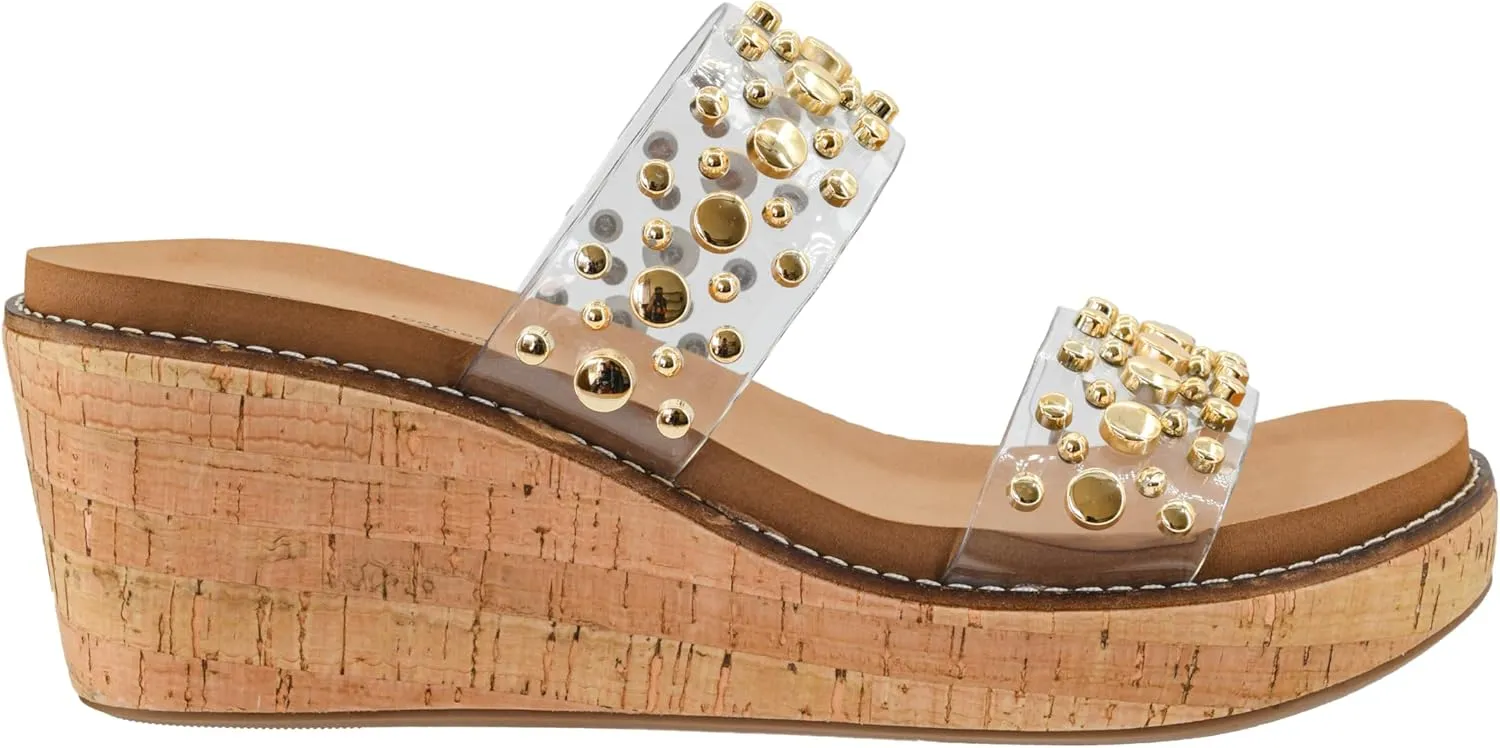 Corkys Footwear Womens Bad Habit Wedge Sandals - Featuring a 2.5-Inch Heel, Double Strap with Metal Studs, and A Plush EVA Insole For All Day Comfort and Wear