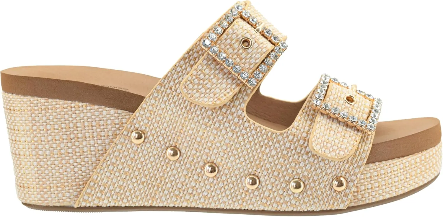 Corkys Footwear Womens Main Squeeze Wedge - Featuring a 2.5-Inch Wedge, Two Fully Adjustable Rhinestone Buckles, Comfortable EVA Insoles for All-Day Wear