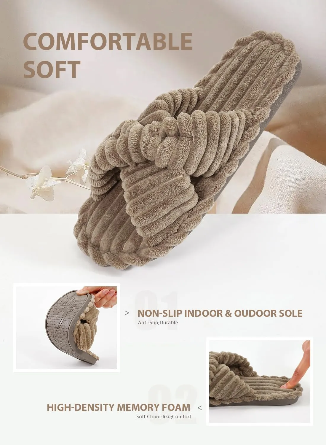 Cosy Pyro Slippers for Women House Bedroom Furry Cross Bands Slide Shoes Anti-Skid Sole Open Toe Slippers
