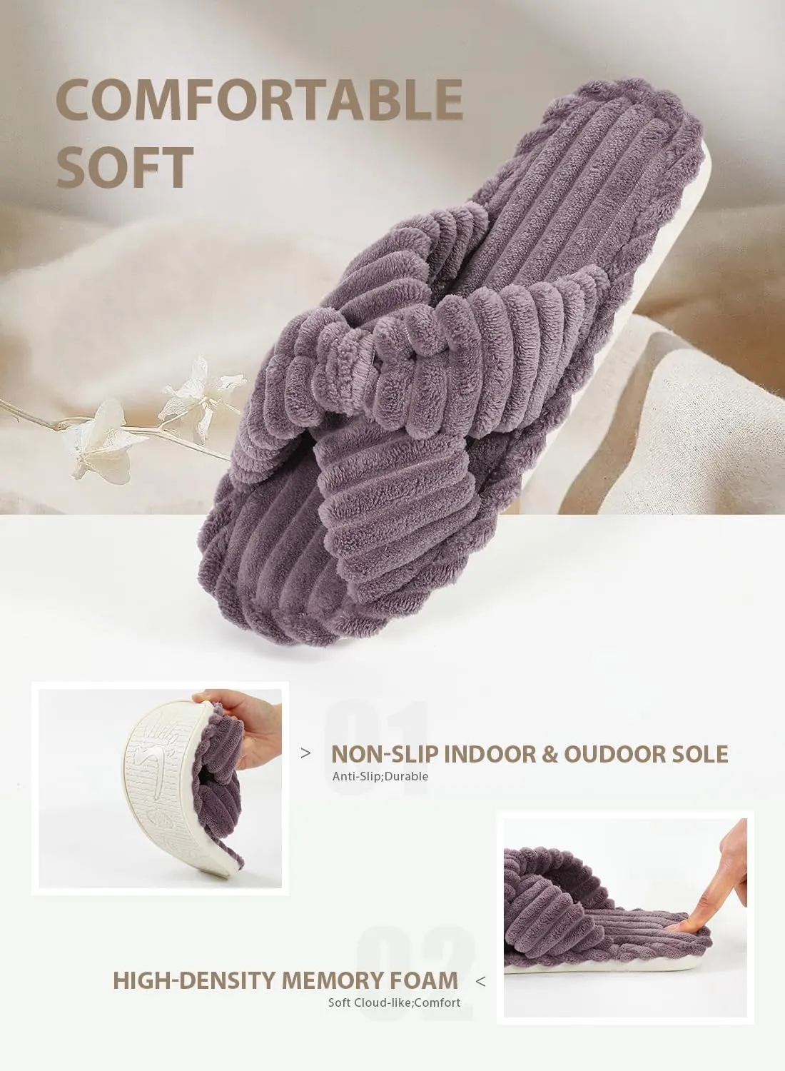 Cosy Pyro Slippers for Women House Bedroom Furry Cross Bands Slide Shoes Anti-Skid Sole Open Toe Slippers