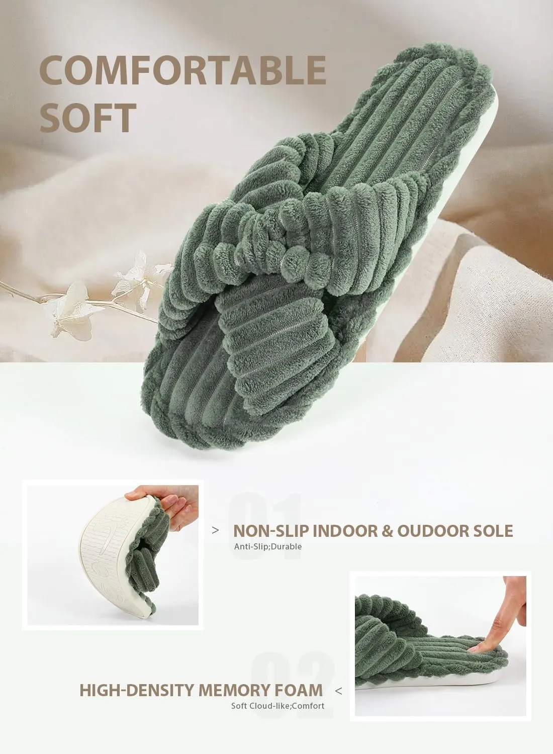 Cosy Pyro Slippers for Women House Bedroom Furry Cross Bands Slide Shoes Anti-Skid Sole Open Toe Slippers