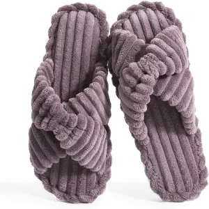 Cosy Pyro Slippers for Women House Bedroom Furry Cross Bands Slide Shoes Anti-Skid Sole Open Toe Slippers
