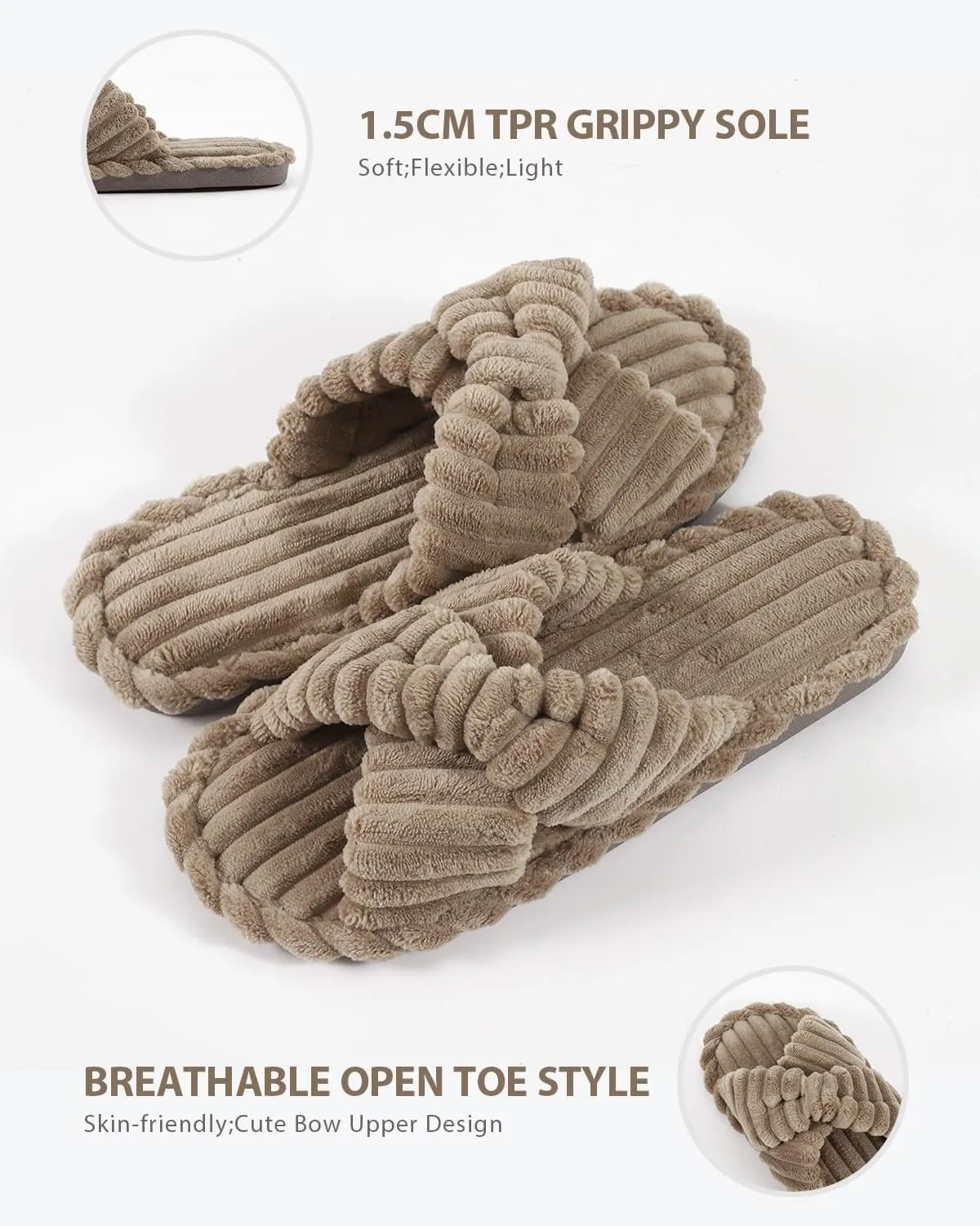Cosy Pyro Slippers for Women House Bedroom Furry Cross Bands Slide Shoes Anti-Skid Sole Open Toe Slippers
