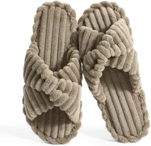 Cosy Pyro Slippers for Women House Bedroom Furry Cross Bands Slide Shoes Anti-Skid Sole Open Toe Slippers