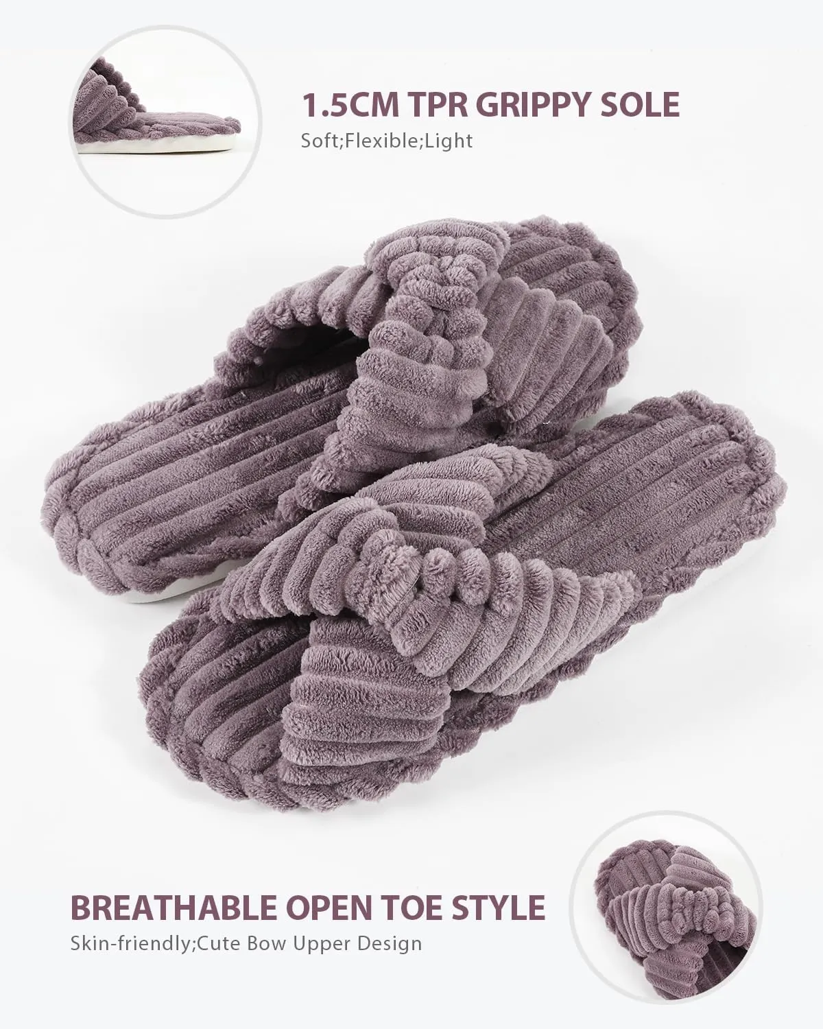Cosy Pyro Slippers for Women House Bedroom Furry Cross Bands Slide Shoes Anti-Skid Sole Open Toe Slippers