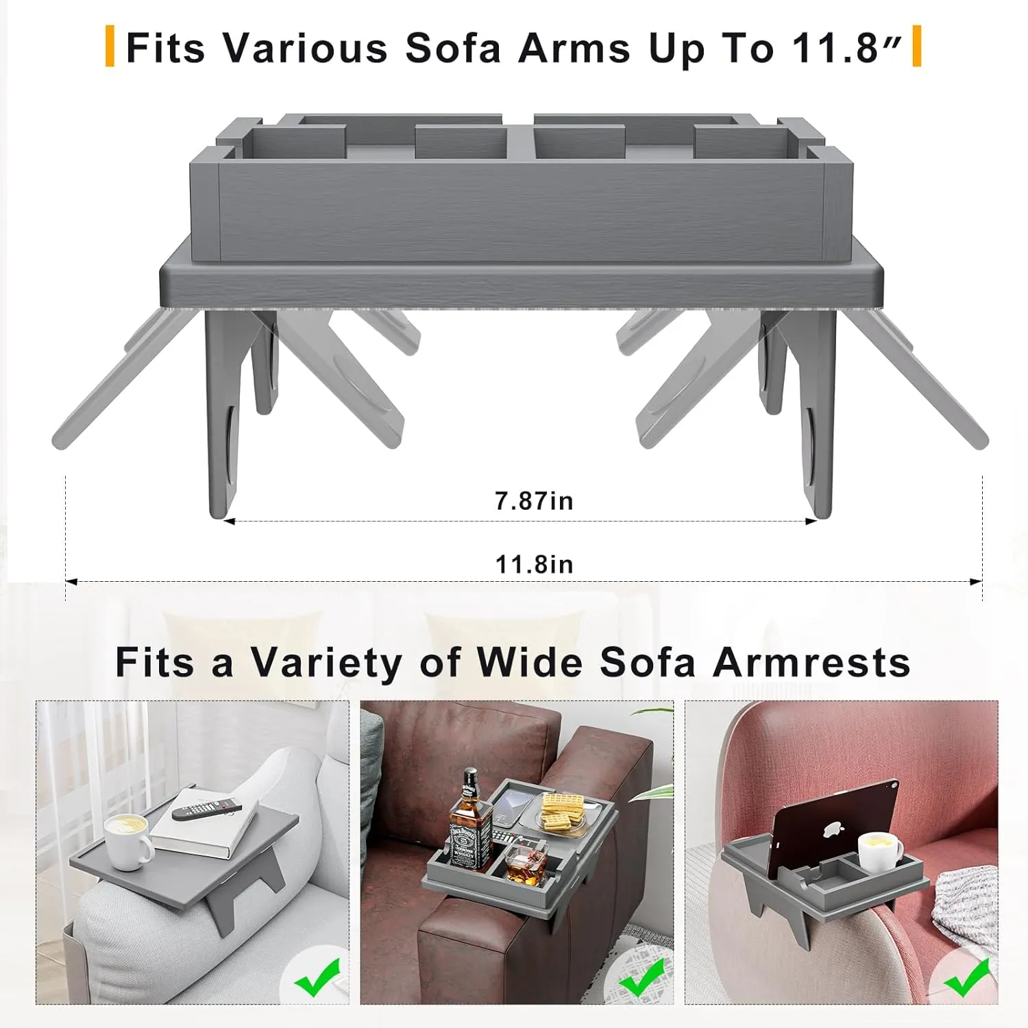 Couch Cup Holder Tray - 2 in 1 Couch Armrest Table with Be Slide-Away Detachable Double Cup Holder - Sofa Armchair Caddy for Cup Drinking Snacks iPad TV Remote (Gray)