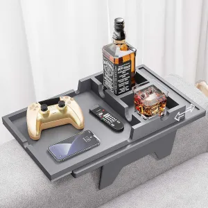 Couch Cup Holder Tray - 2 in 1 Couch Armrest Table with Be Slide-Away Detachable Double Cup Holder - Sofa Armchair Caddy for Cup Drinking Snacks iPad TV Remote (Gray)