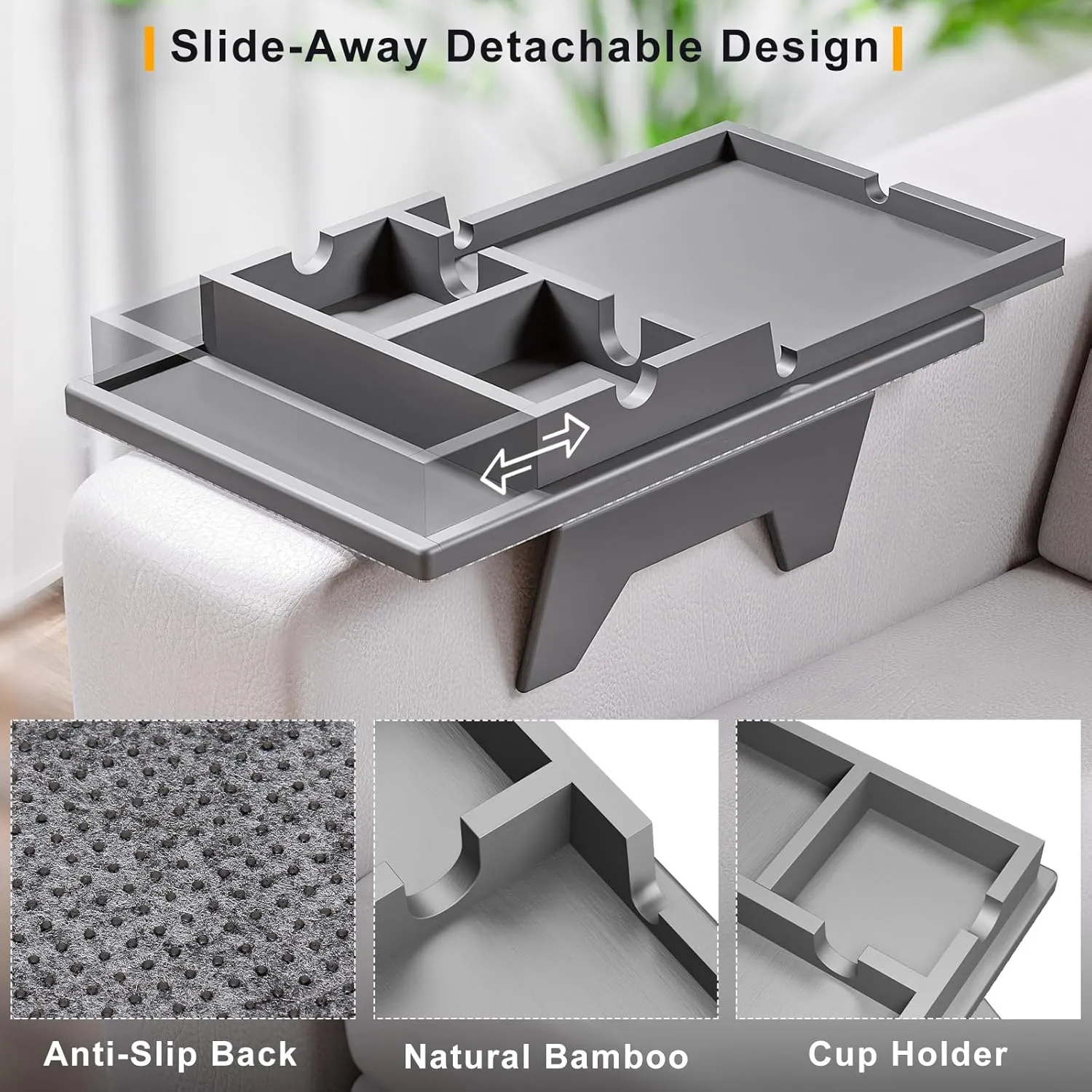 Couch Cup Holder Tray - 2 in 1 Couch Armrest Table with Be Slide-Away Detachable Double Cup Holder - Sofa Armchair Caddy for Cup Drinking Snacks iPad TV Remote (Gray)