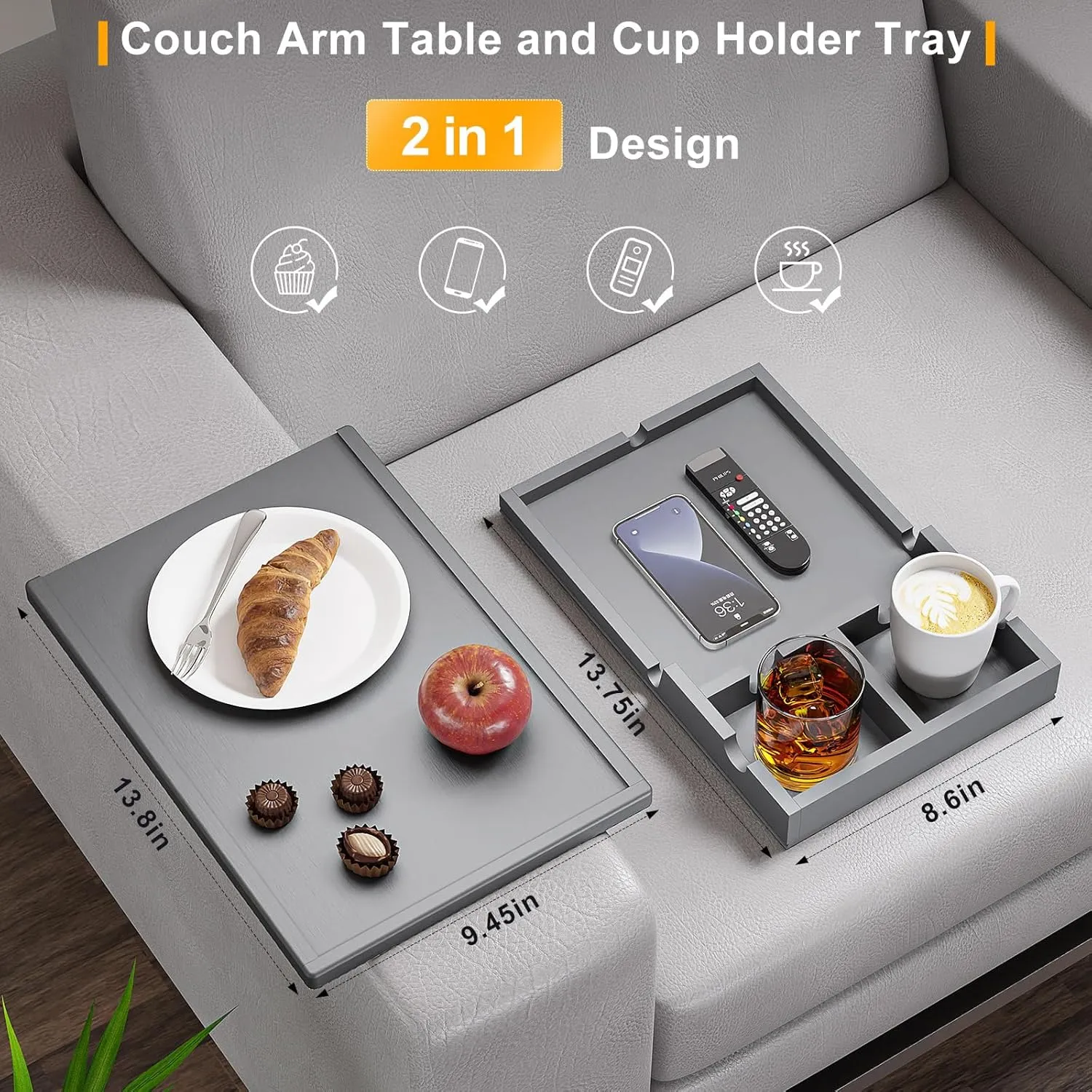 Couch Cup Holder Tray - 2 in 1 Couch Armrest Table with Be Slide-Away Detachable Double Cup Holder - Sofa Armchair Caddy for Cup Drinking Snacks iPad TV Remote (Gray)
