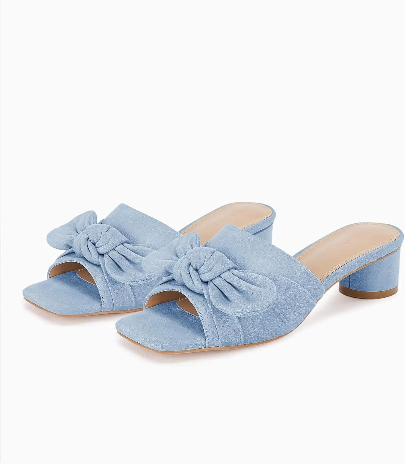 Coutgo Womens Bow Slides Sandals Wide Width Slip On Chunky Low Heels Square Open toe Elagant Summer Shoes