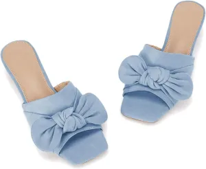 Coutgo Womens Bow Slides Sandals Wide Width Slip On Chunky Low Heels Square Open toe Elagant Summer Shoes