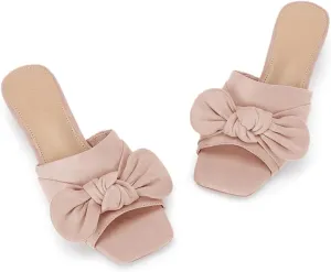Coutgo Womens Bow Slides Sandals Wide Width Slip On Chunky Low Heels Square Open toe Elagant Summer Shoes