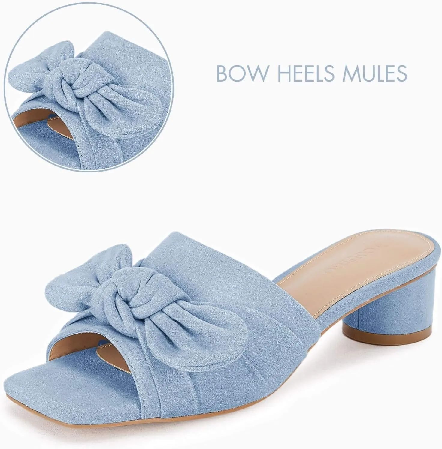Coutgo Womens Bow Slides Sandals Wide Width Slip On Chunky Low Heels Square Open toe Elagant Summer Shoes