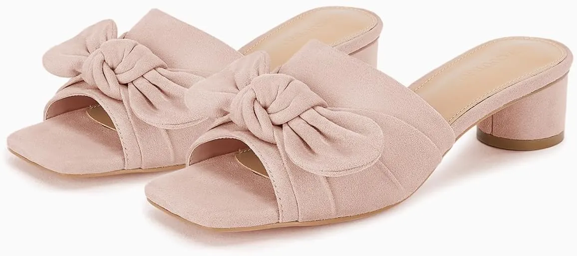 Coutgo Womens Bow Slides Sandals Wide Width Slip On Chunky Low Heels Square Open toe Elagant Summer Shoes