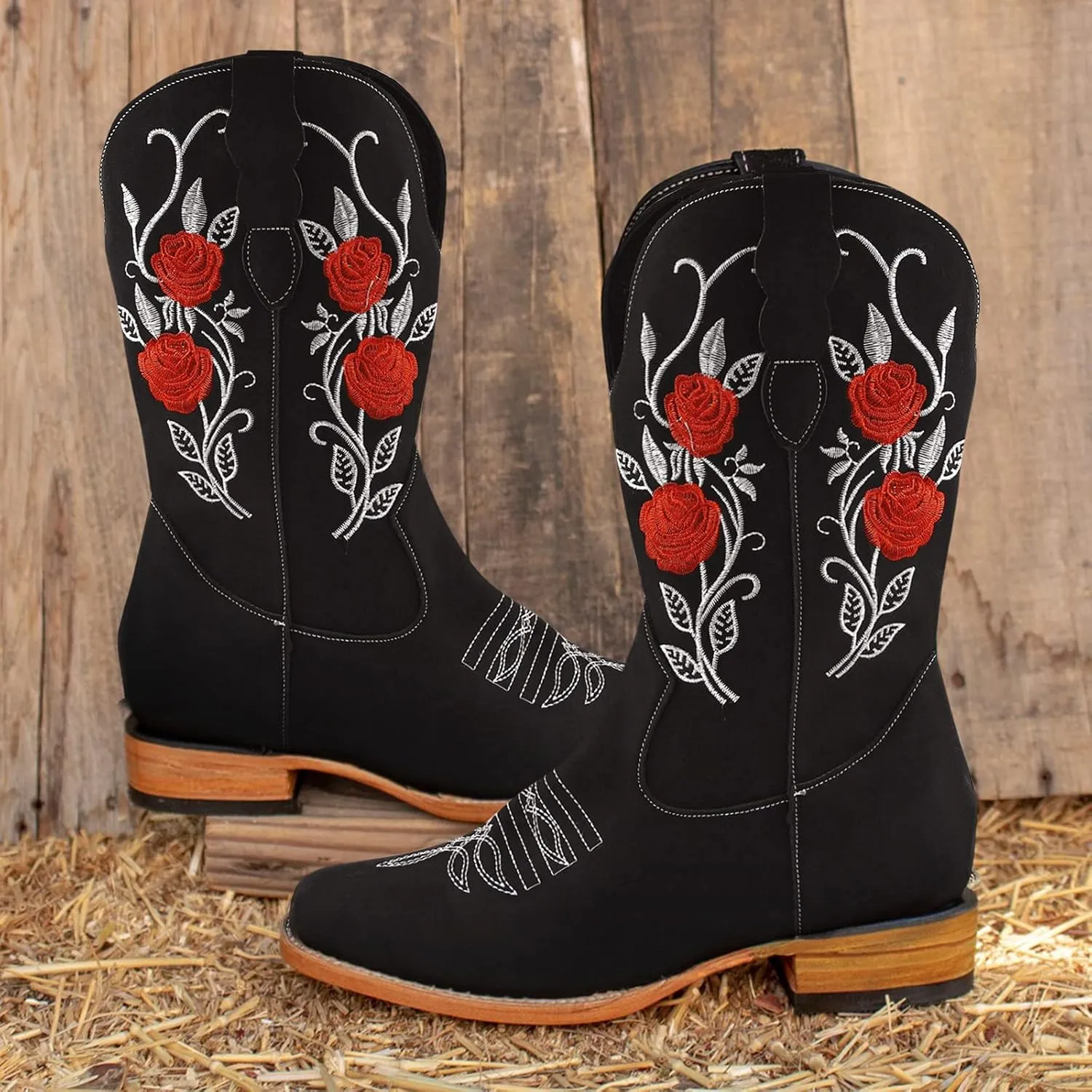 Cowboy Boots for Women Retro Country Embroidery Stitched Cowgirl Boots Pull on Vintage Wide Calf Cowboy Boots Women