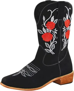 Cowboy Boots for Women Retro Country Embroidery Stitched Cowgirl Boots Pull on Vintage Wide Calf Cowboy Boots Women