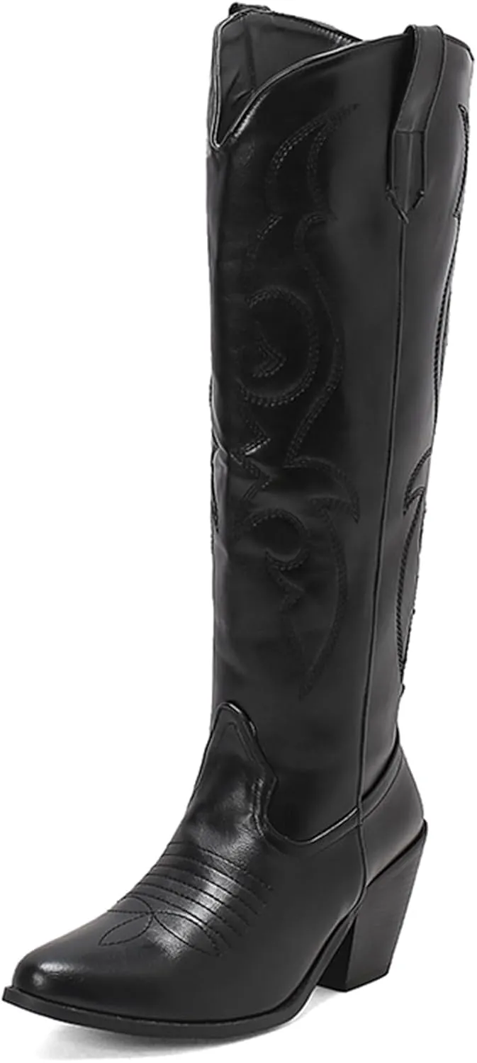 Cozivwaiy Embroidered Cowboy Boots For Women Chunky Stacked Heels Western Boot Pull on Cowgirl Boots Vintage