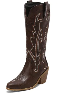 Cozivwaiy Embroidered Cowboy Boots For Women Chunky Stacked Heels Western Boot Pull on Cowgirl Boots Vintage