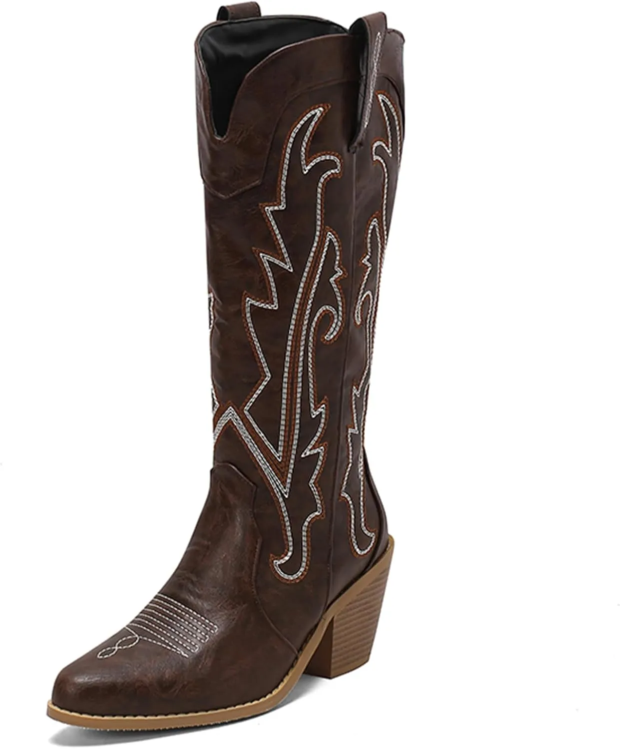 Cozivwaiy Embroidered Cowboy Boots For Women Chunky Stacked Heels Western Boot Pull on Cowgirl Boots Vintage
