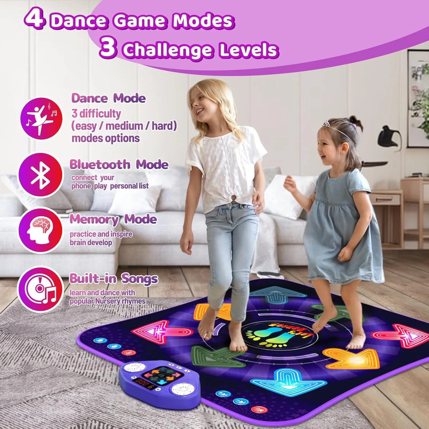 Dance Mat Toys for 3-12 Year Old Kids, Light Up 8 Buttons Dance Mats with Bluetooth, Music Dance Game Toy with 7 Game Modes, Christmas Birthday Gifts for 3 4 5 6 7 8 9 10  Year Old Girls Boys