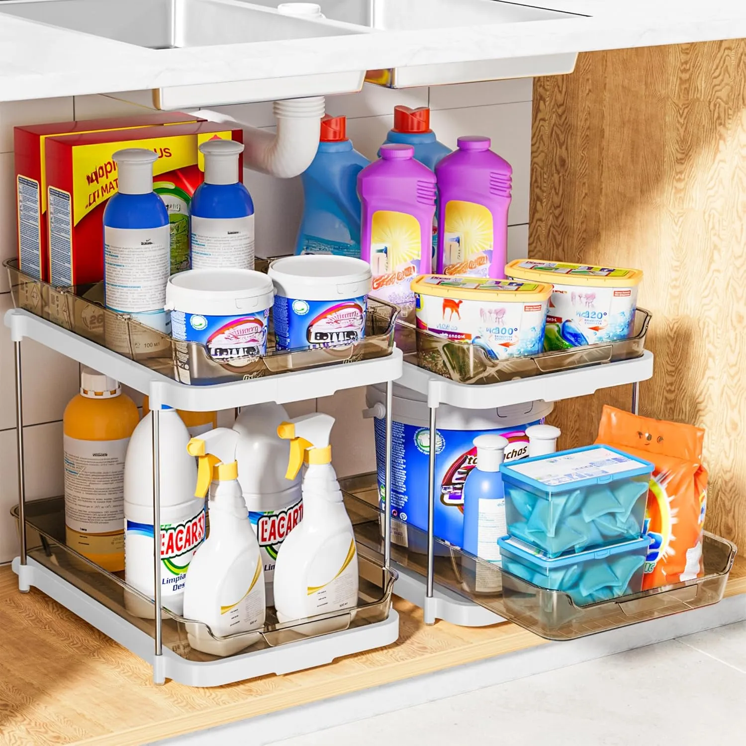 Delamu 2 Sets of 2-Tier Multi-Purpose Bathroom Under Sink Organizers and Storage, Stackable Kitchen Pantry Organization, Pull Out Medicine Cabinet Organizer with 8 Movable Dividers, Amber