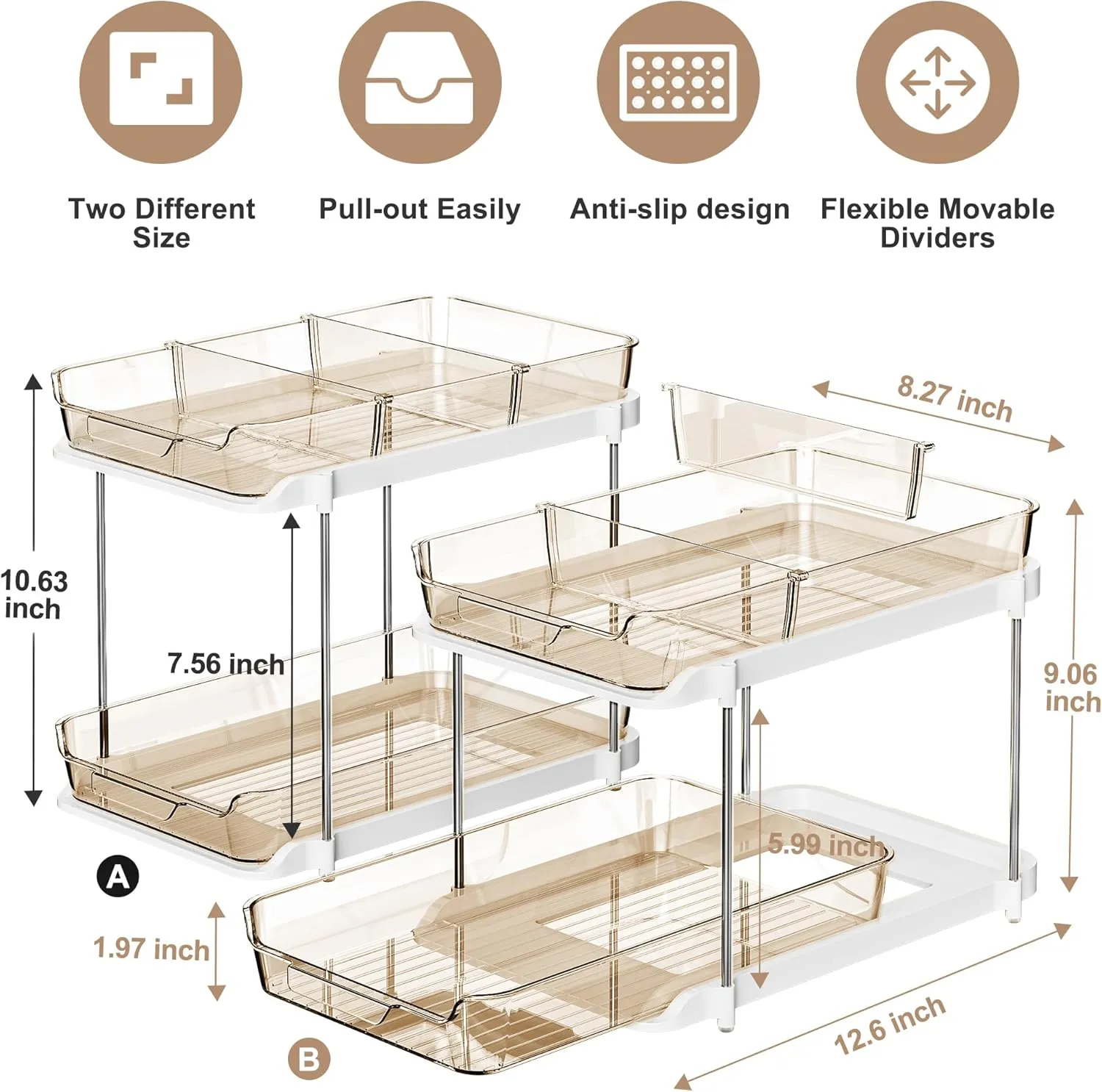 Delamu 2 Sets of 2-Tier Multi-Purpose Bathroom Under Sink Organizers and Storage, Stackable Kitchen Pantry Organization, Pull Out Medicine Cabinet Organizer with 8 Movable Dividers, Amber