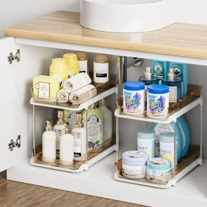 Delamu 2 Sets of 2-Tier Multi-Purpose Bathroom Under Sink Organizers and Storage, Stackable Kitchen Pantry Organization, Pull Out Medicine Cabinet Organizer with 8 Movable Dividers, Amber