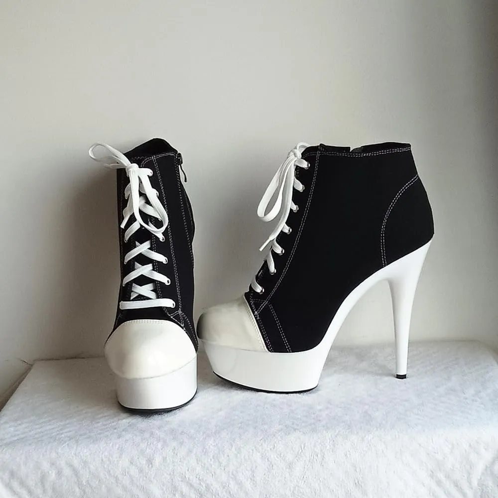 denova's Women's Canvas 6in Very High Heel Lace Up Platform Pole Dance Ankle Boot with Zipper