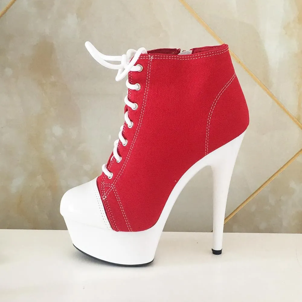 denova's Women's Canvas 6in Very High Heel Lace Up Platform Pole Dance Ankle Boot with Zipper