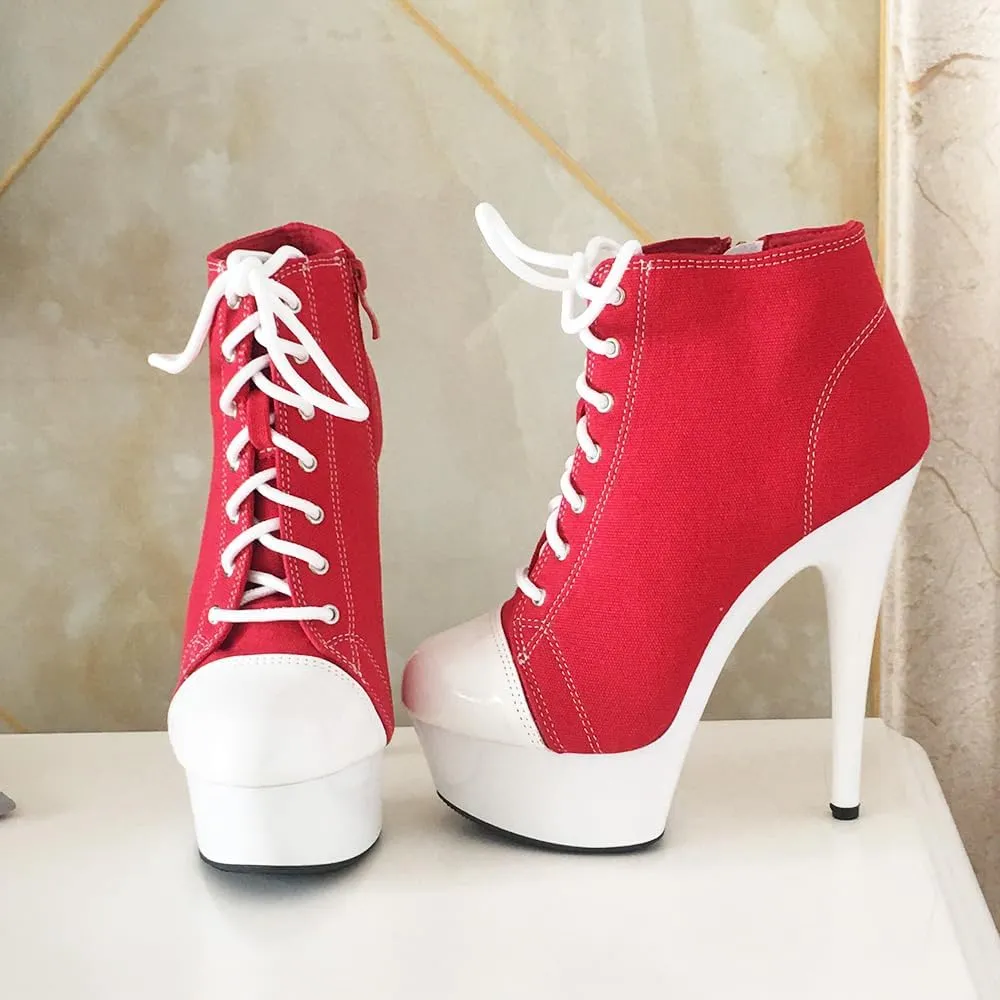 denova's Women's Canvas 6in Very High Heel Lace Up Platform Pole Dance Ankle Boot with Zipper