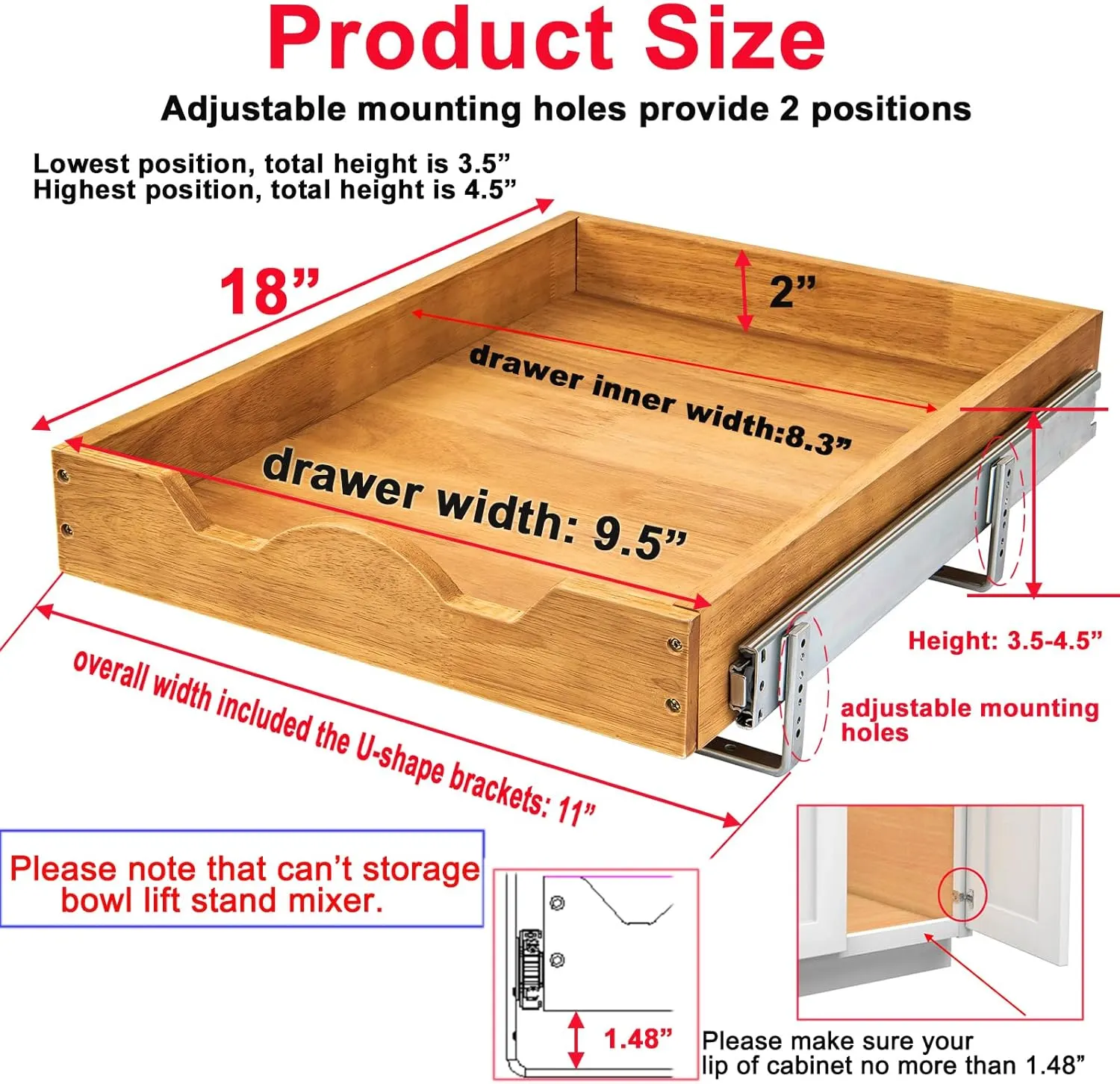 DINDON Pull Out Cabinet Organizer (11" W x 18" D) 1 Tier，Single Tier Oak Wood Under Cabinet Slide Out Shelf Drawer Box…