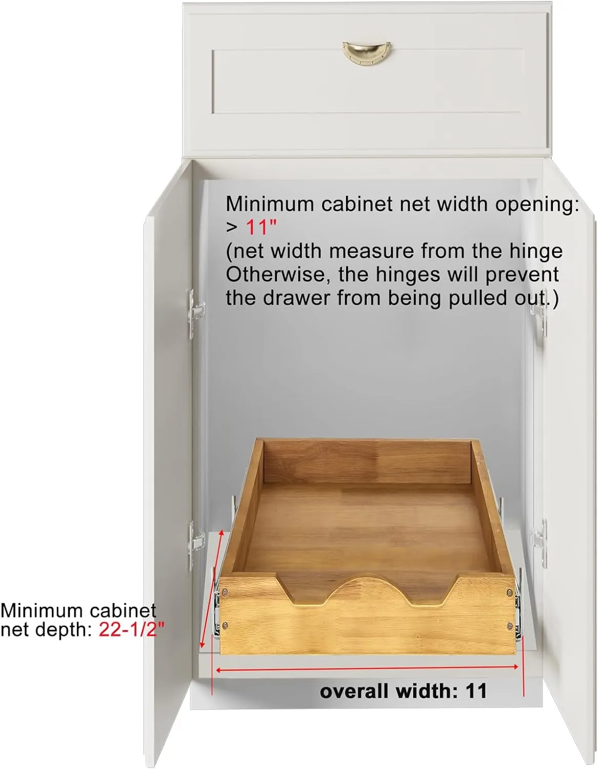 DINDON Pull Out Cabinet Organizer (11" W x 18" D) 1 Tier，Single Tier Oak Wood Under Cabinet Slide Out Shelf Drawer Box…