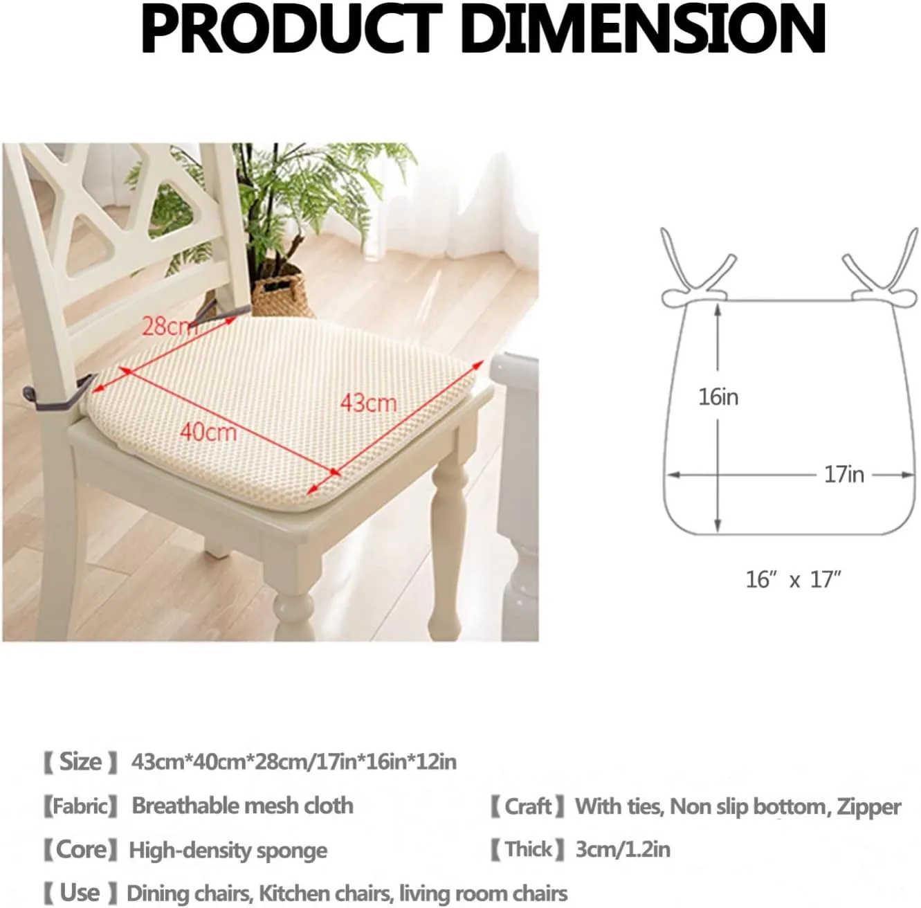 Dining Room Chair Cushion Covers Washable, Chair Seat Cushion Replacement, Summer Breathable Mesh Chair Pads with Ties, U Shaped Kitchen Chair Pads with Anti-Slip Rubber Back Pink