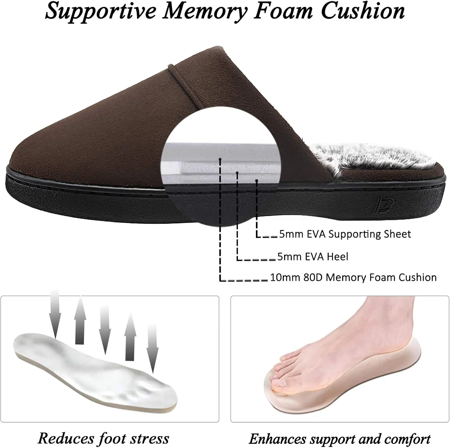 DL Men's Memory Foam Slippers with Fuzzy Plush Lining, Slip on House Slippers with Indoor Outdoor Anti-Skid Rubber Sole