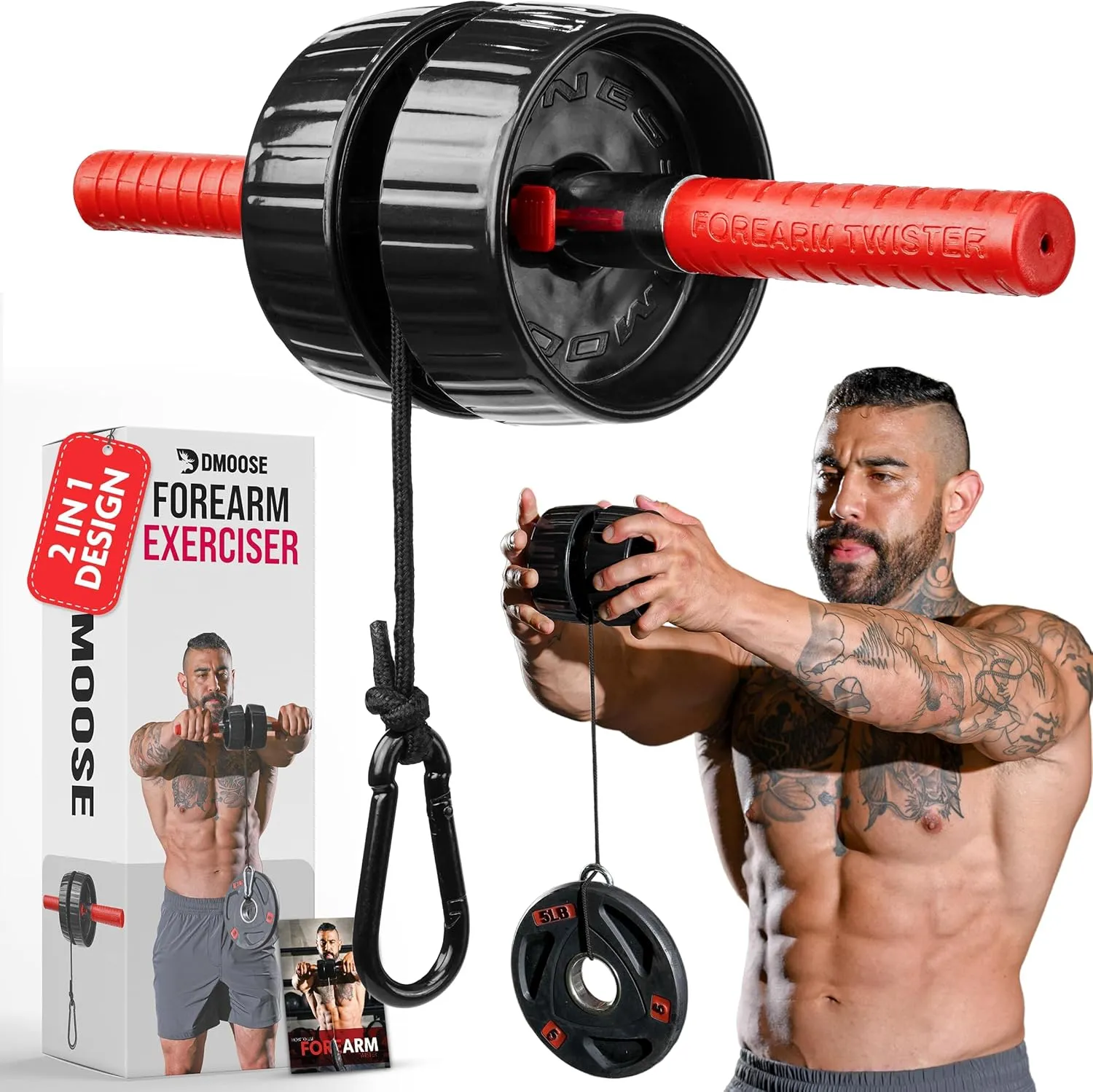 DMoose Fitness Forearm Strengthener & Wrist Roller - 2 in 1 Arm Exerciser with Non-Slip Premium Grip, Durable Nylon Rope - Helps with Elbow Tendonitis, Wrist Recovery & Strength Training (Patented)