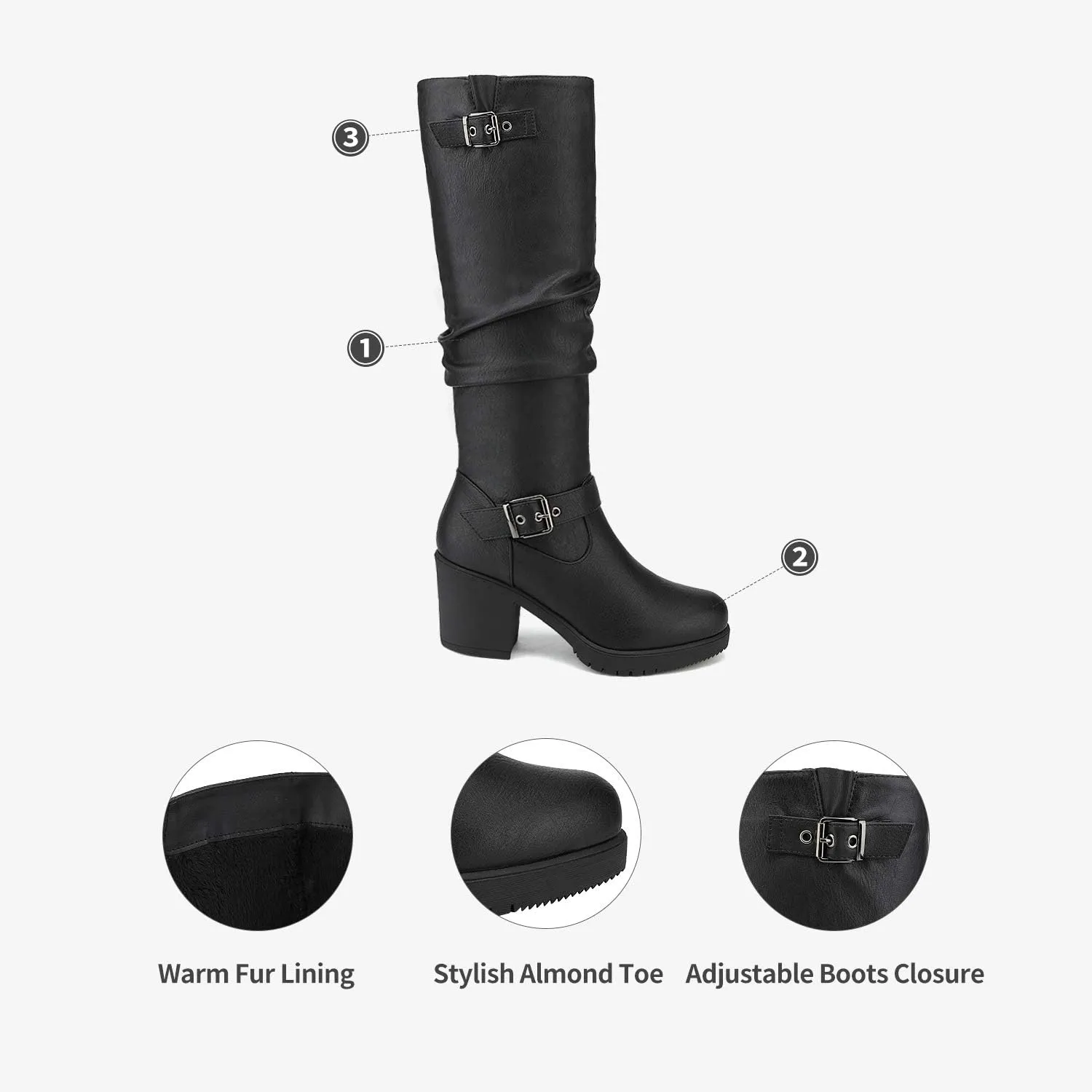 DREAM PAIRS Women's Black Chunky Heel Knee High Boots Side Zipper Round Toe Boots with Faux Fur Lining