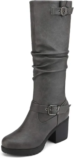 DREAM PAIRS Women's Black Chunky Heel Knee High Boots Side Zipper Round Toe Boots with Faux Fur Lining