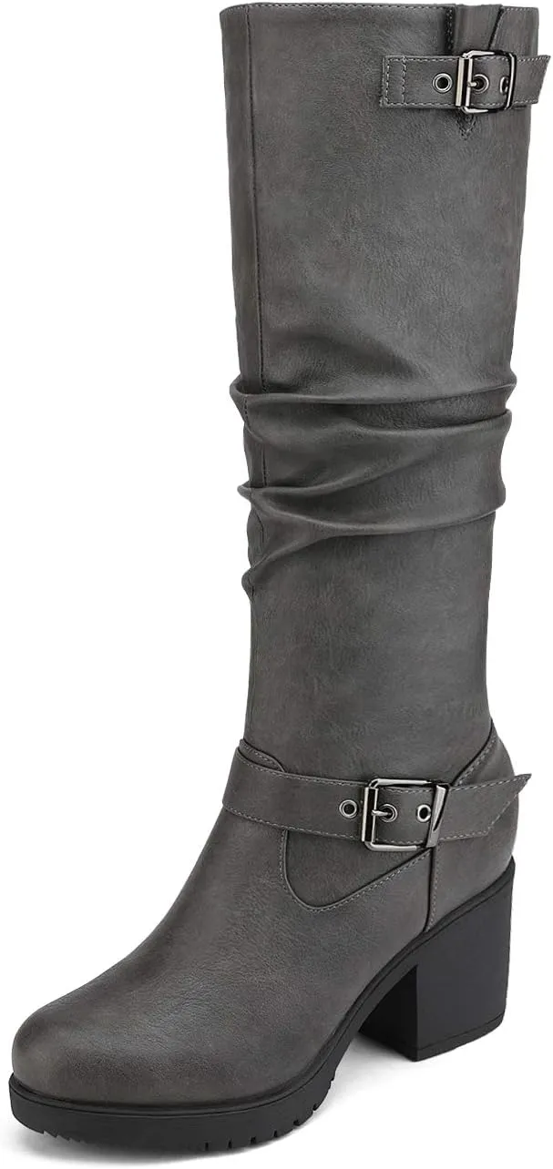 DREAM PAIRS Women's Black Chunky Heel Knee High Boots Side Zipper Round Toe Boots with Faux Fur Lining